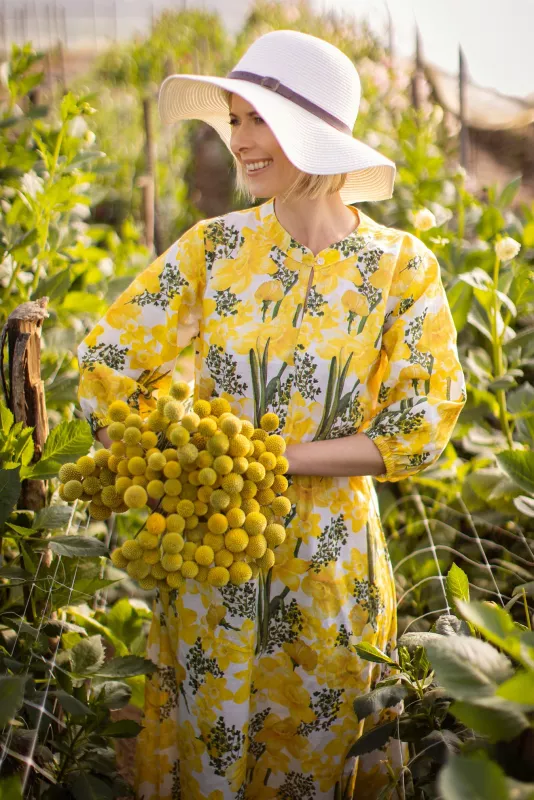 3|4 Sleeve Dress Daffodil Print